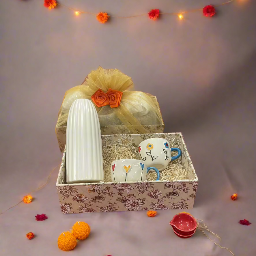 Ribbed Vase with Embossed Affection Mugs Combo Diwali Hamper