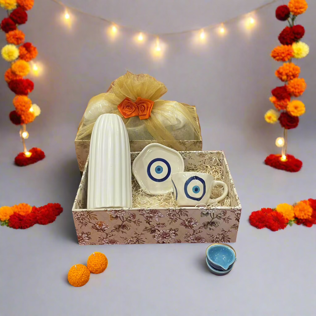 Ribbed Vase with Evil Eye Mug & Saucer Diwali Hamper
