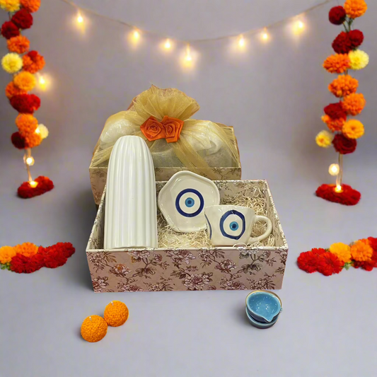 Ribbed Vase with Evil Eye Mug & Saucer Diwali Hamper