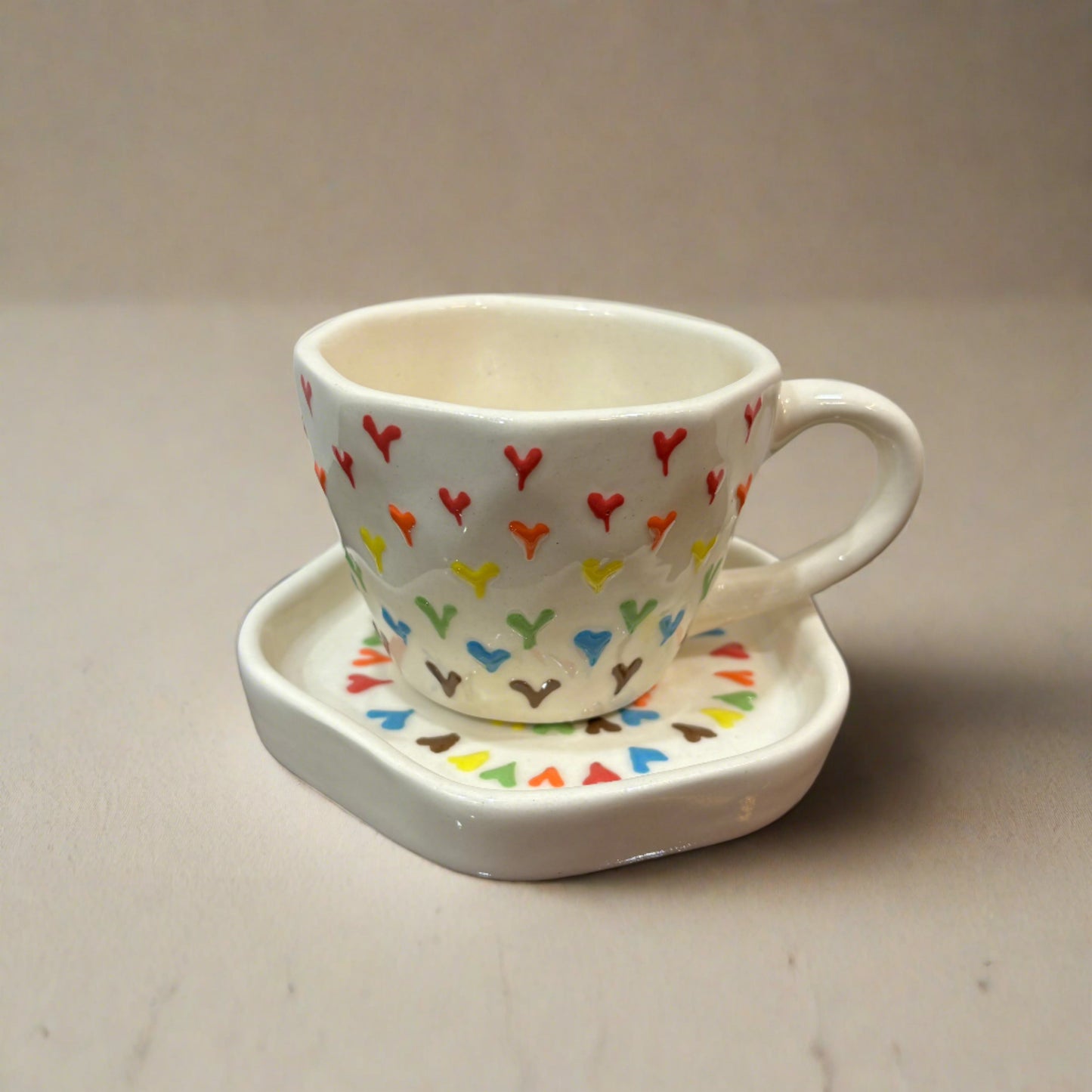 Multi-color Heart Mug & Saucer