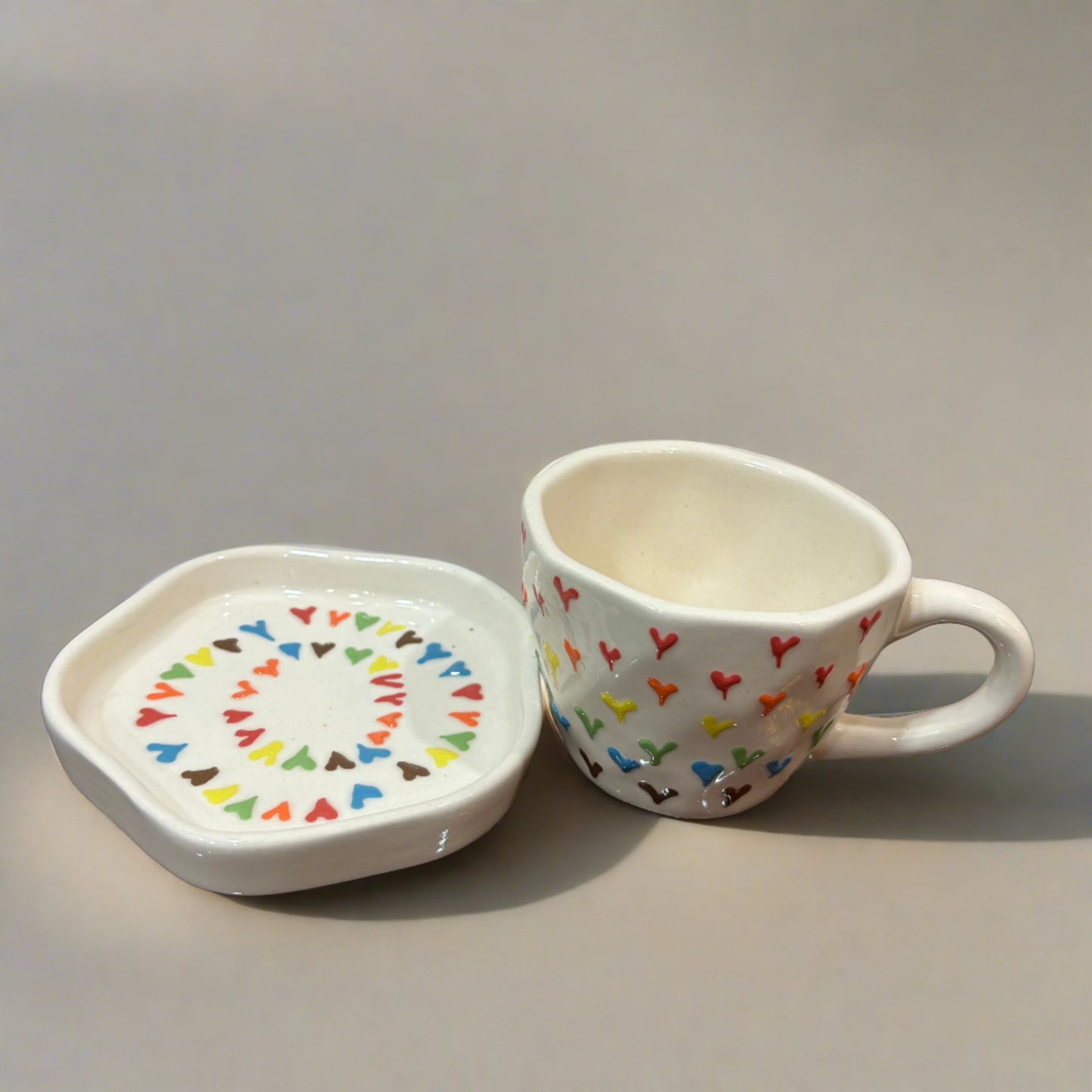 Multi-color Heart Mug & Saucer