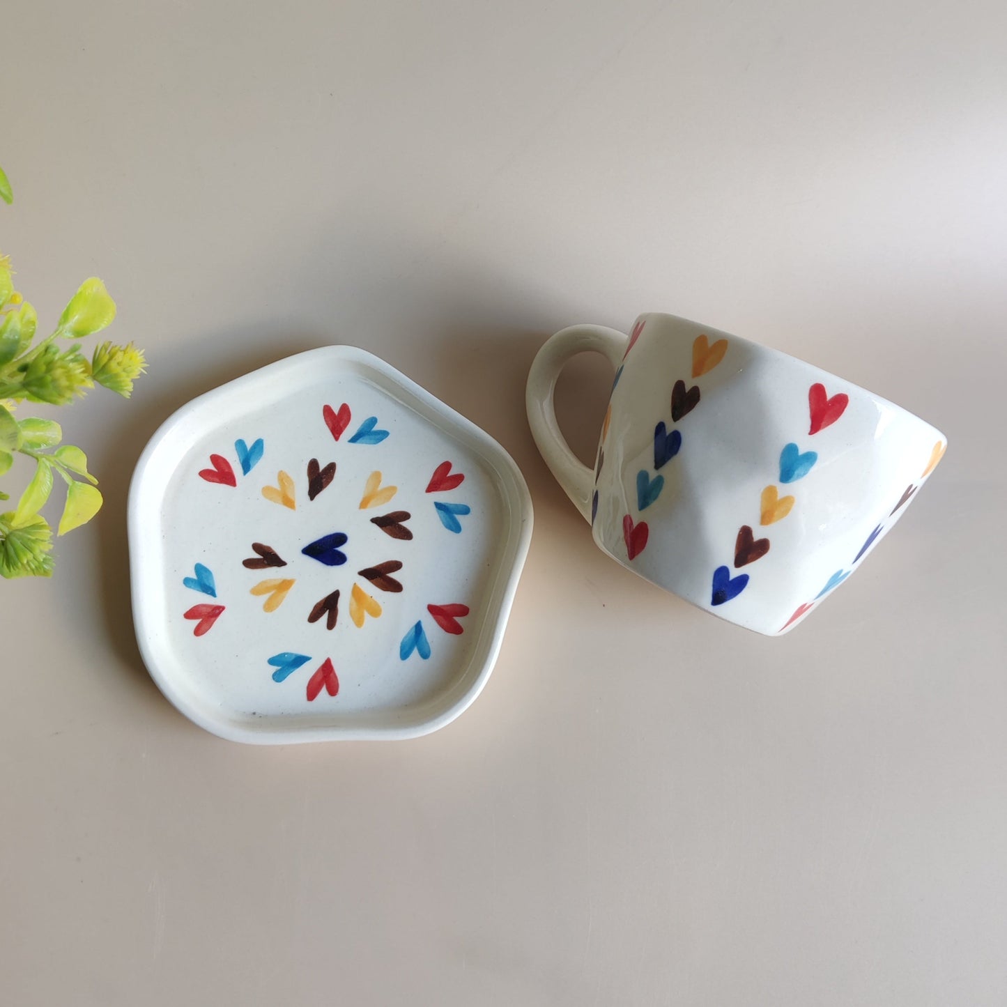 Multi-color Heart Mug & Saucer